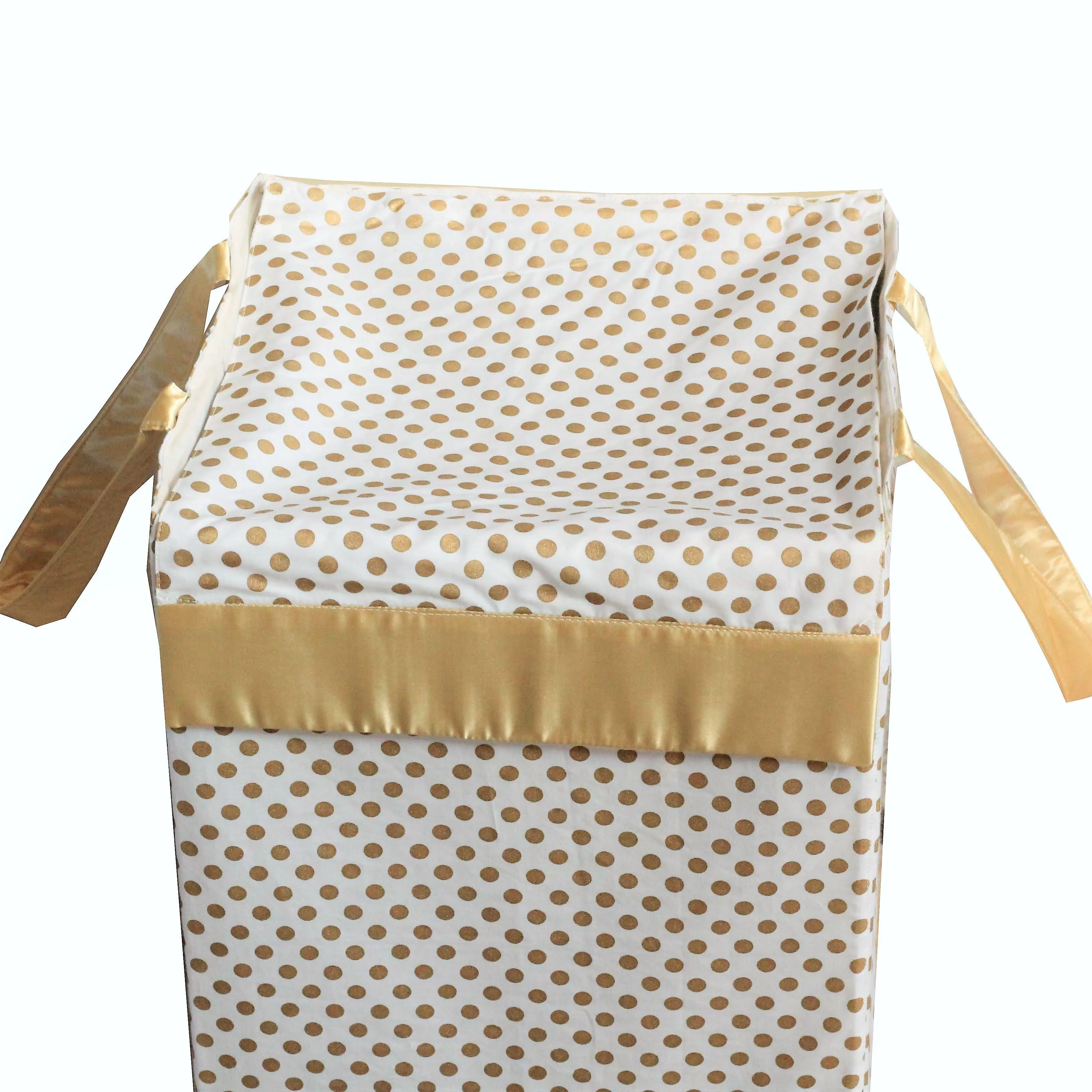Metallic Fabric Collapsible Cotton Storage Basket or Bin with Gold Satin Highlights, Home Organizer Solution for Office, Bedroom, Closet, Toys, Laundry (Medium – 16x12x12"), Gold Small Dots Hamper