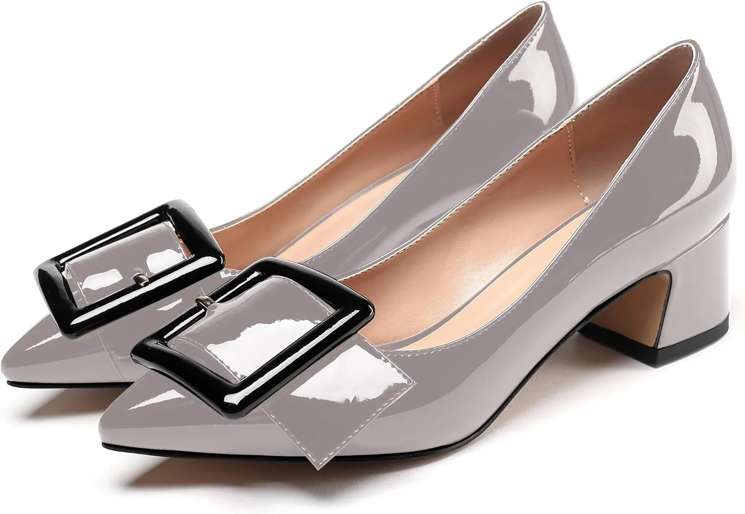 Mettesally Women's Block Heels Chunky Heel Pumps Classic Pointed Toe Slip On Buckle Wedding Office Dress Shoes