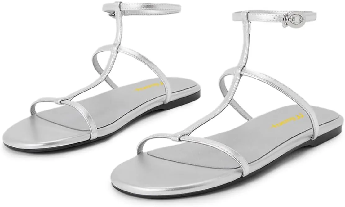 Milooey shoes Womens Strappy Open Toe Flat Sandals Ankle Strap Summer Shoes for Daily Walking Party Dress Size 4-16 US