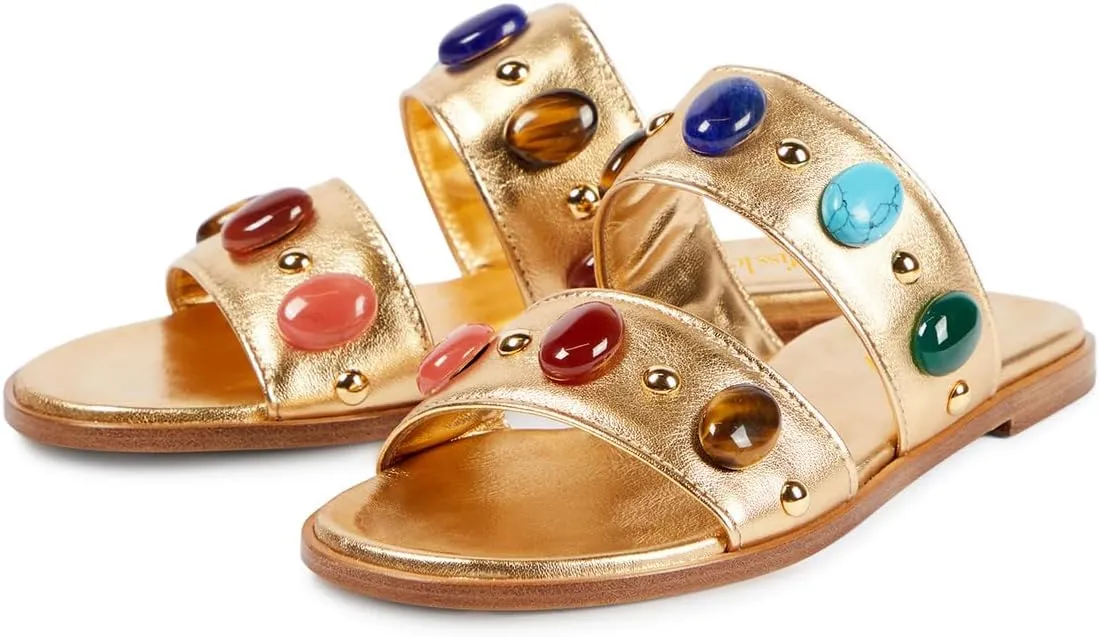 miss left Women Jewelled Two Straps Open Toe Flat Slide Sandals Soft Insole Slip on Summer Casual Indoor Outdoor Slippers Size 4-16 US