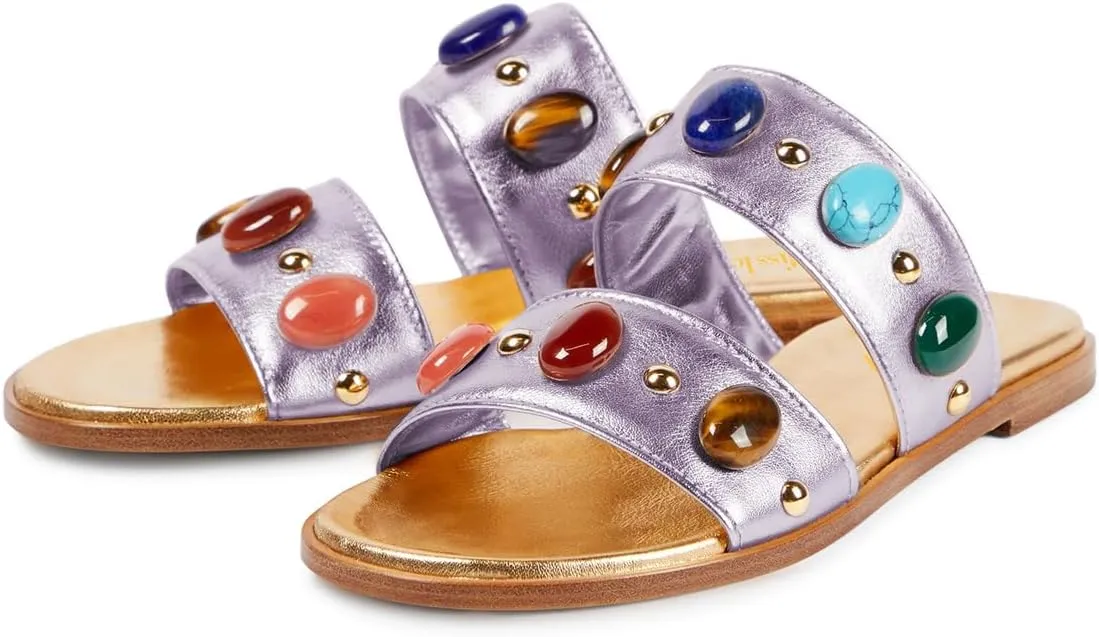 miss left Women Jewelled Two Straps Open Toe Flat Slide Sandals Soft Insole Slip on Summer Casual Indoor Outdoor Slippers Size 4-16 US