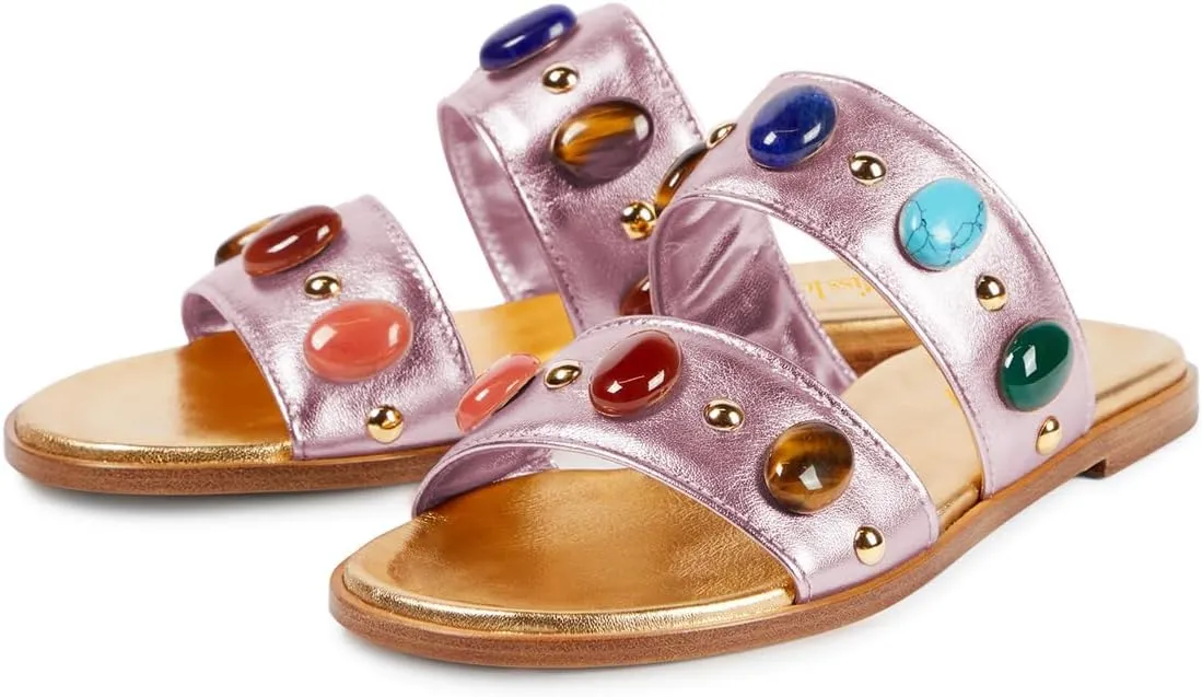 miss left Women Jewelled Two Straps Open Toe Flat Slide Sandals Soft Insole Slip on Summer Casual Indoor Outdoor Slippers Size 4-16 US