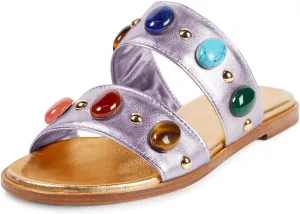 miss left Women Jewelled Two Straps Open Toe Flat Slide Sandals Soft Insole Slip on Summer Casual Indoor Outdoor Slippers Size 4-16 US