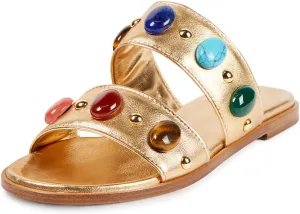 miss left Women Jewelled Two Straps Open Toe Flat Slide Sandals Soft Insole Slip on Summer Casual Indoor Outdoor Slippers Size 4-16 US