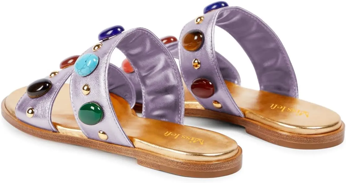 miss left Women Jewelled Two Straps Open Toe Flat Slide Sandals Soft Insole Slip on Summer Casual Indoor Outdoor Slippers Size 4-16 US