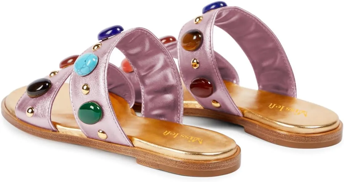 miss left Women Jewelled Two Straps Open Toe Flat Slide Sandals Soft Insole Slip on Summer Casual Indoor Outdoor Slippers Size 4-16 US