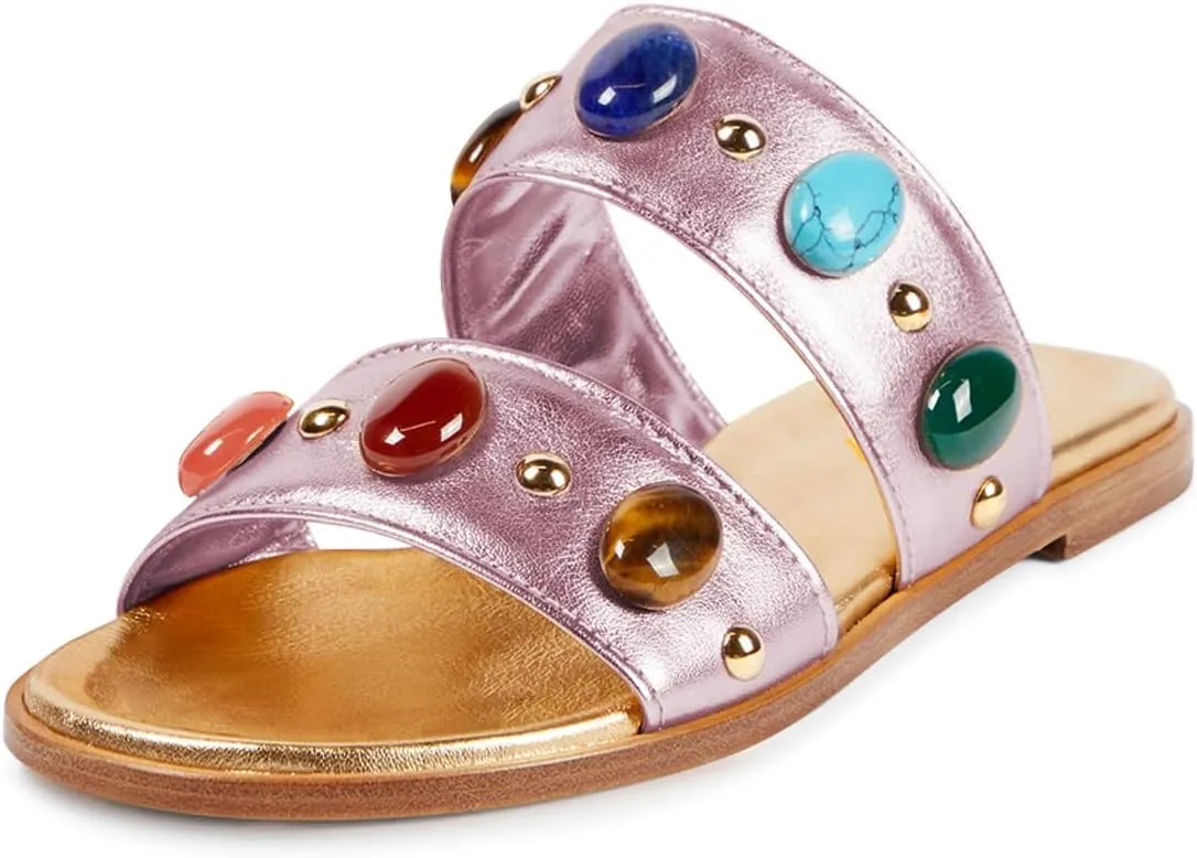 miss left Women Jewelled Two Straps Open Toe Flat Slide Sandals Soft Insole Slip on Summer Casual Indoor Outdoor Slippers Size 4-16 US