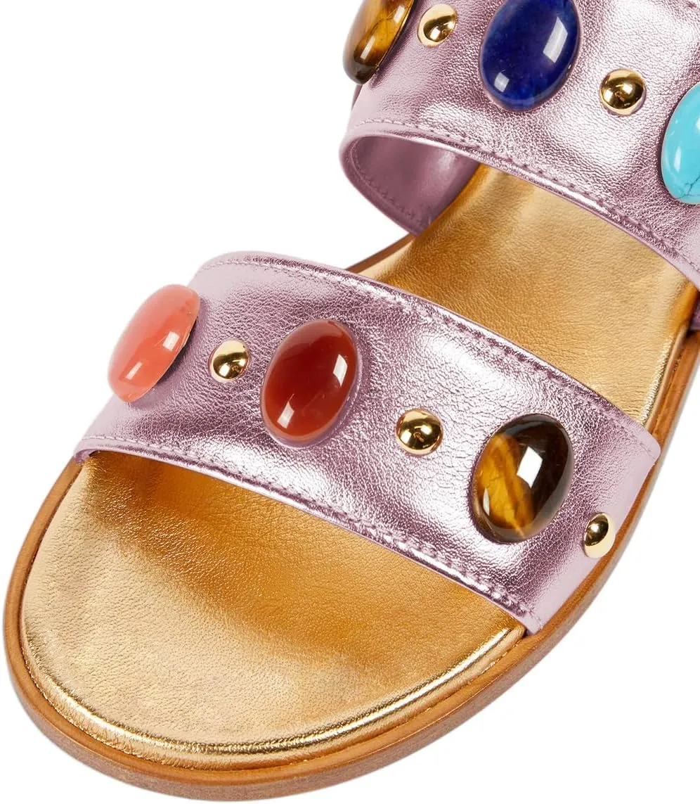 miss left Women Jewelled Two Straps Open Toe Flat Slide Sandals Soft Insole Slip on Summer Casual Indoor Outdoor Slippers Size 4-16 US