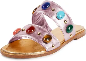 miss left Women Jewelled Two Straps Open Toe Flat Slide Sandals Soft Insole Slip on Summer Casual Indoor Outdoor Slippers Size 4-16 US