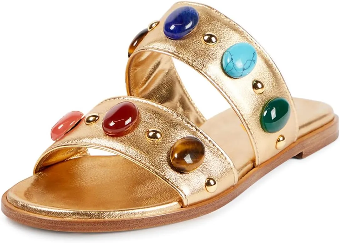 miss left Women Jewelled Two Straps Open Toe Flat Slide Sandals Soft Insole Slip on Summer Casual Indoor Outdoor Slippers Size 4-16 US