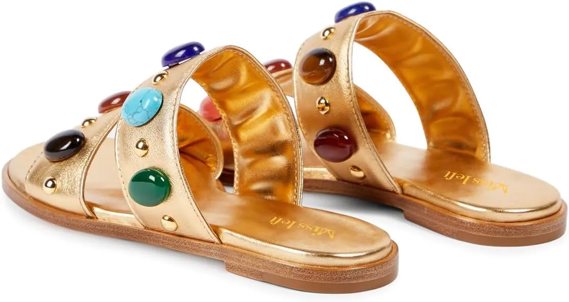 miss left Women Jewelled Two Straps Open Toe Flat Slide Sandals Soft Insole Slip on Summer Casual Indoor Outdoor Slippers Size 4-16 US