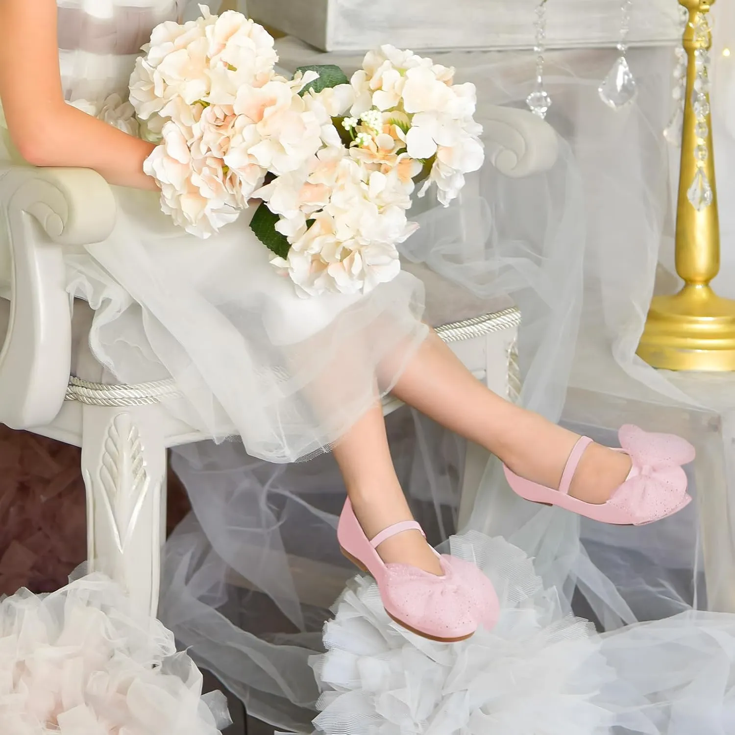 MUSSHOE Toddler Girls Dress Shoes Bow Girls Shoes Flower Mary Jane Flats Ballet Shoes for Kids