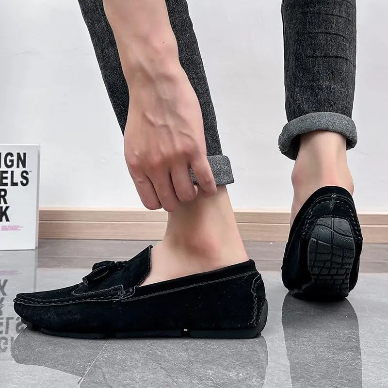 New Men's Loafers Shoes Square Toe Wingtips Suede Vegan Leather with Tassel Resistant Lightweight Flat Heel Classic Slip On