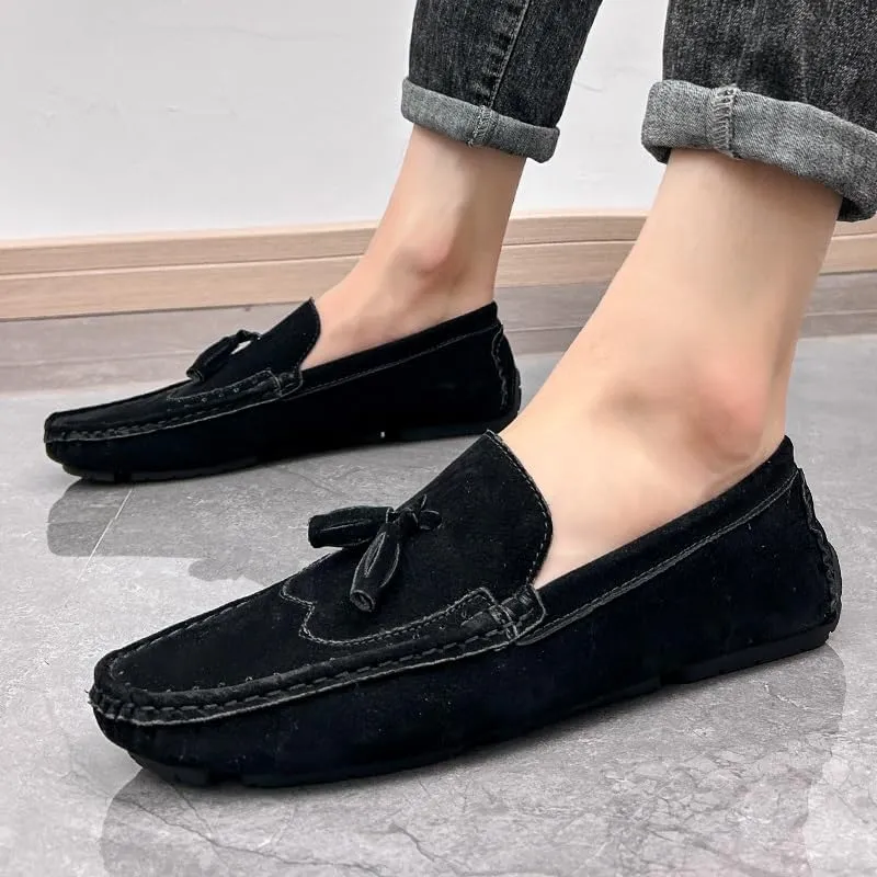 New Men's Loafers Shoes Square Toe Wingtips Suede Vegan Leather with Tassel Resistant Lightweight Flat Heel Classic Slip On