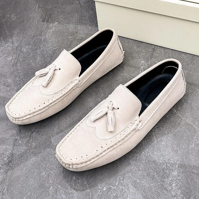 New Men's Loafers Shoes Square Toe Wingtips Suede Vegan Leather with Tassel Resistant Lightweight Flat Heel Classic Slip On