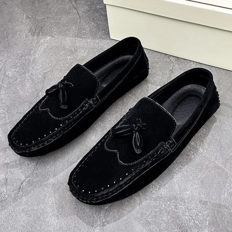 New Men's Loafers Shoes Square Toe Wingtips Suede Vegan Leather with Tassel Resistant Lightweight Flat Heel Classic Slip On