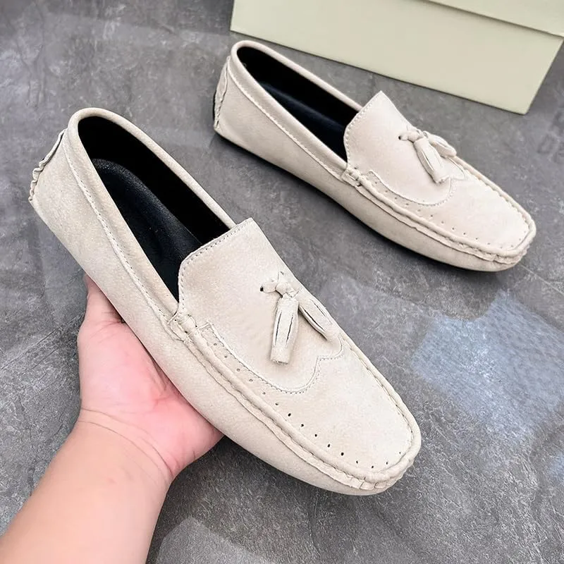 New Men's Loafers Shoes Square Toe Wingtips Suede Vegan Leather with Tassel Resistant Lightweight Flat Heel Classic Slip On