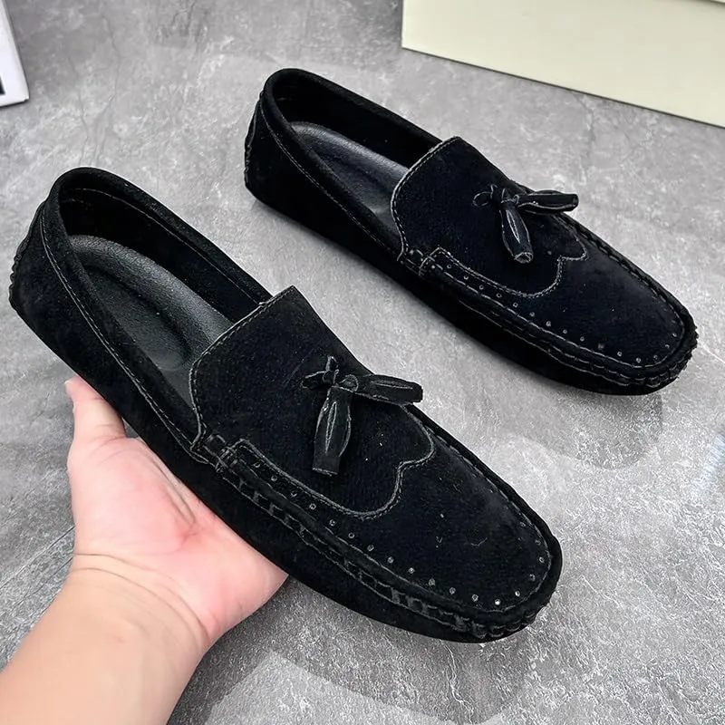 New Men's Loafers Shoes Square Toe Wingtips Suede Vegan Leather with Tassel Resistant Lightweight Flat Heel Classic Slip On