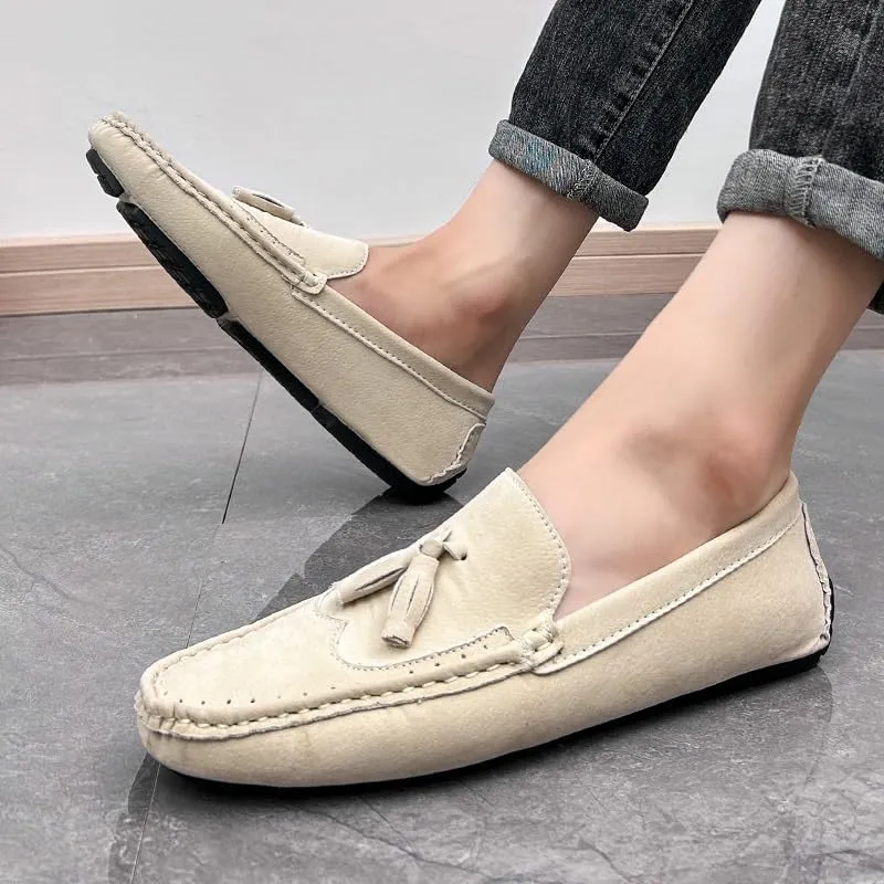 New Men's Loafers Shoes Square Toe Wingtips Suede Vegan Leather with Tassel Resistant Lightweight Flat Heel Classic Slip On