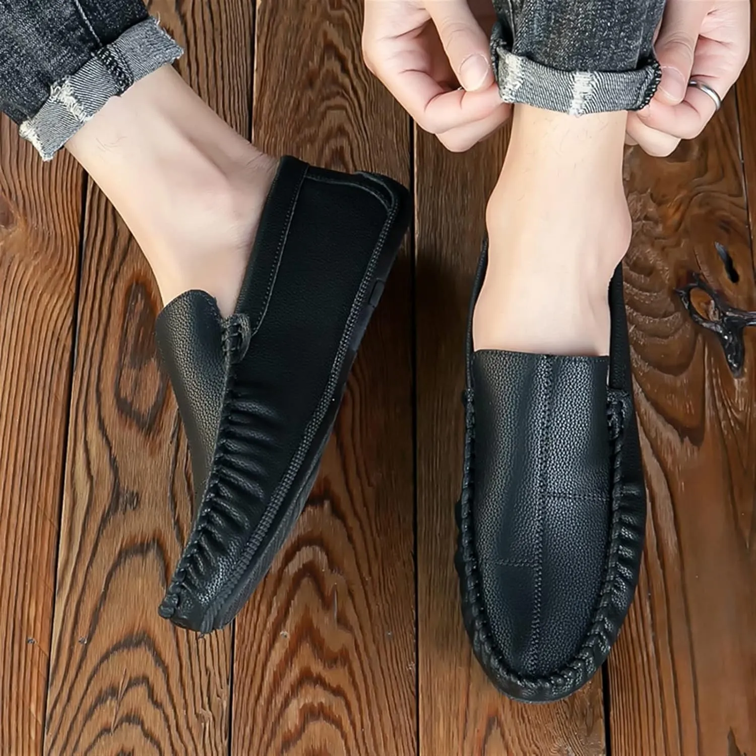 New Men's Loafers Shoes Stitching Details Slip On Moccasins Shoes Vegan Leather Anti-slip Flat Heel Flexible Classic Slip-on