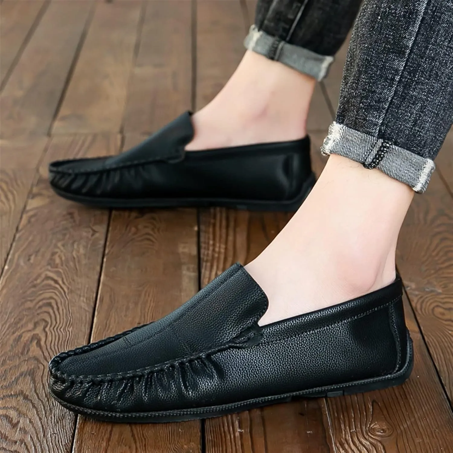 New Men's Loafers Shoes Stitching Details Slip On Moccasins Shoes Vegan Leather Anti-slip Flat Heel Flexible Classic Slip-on