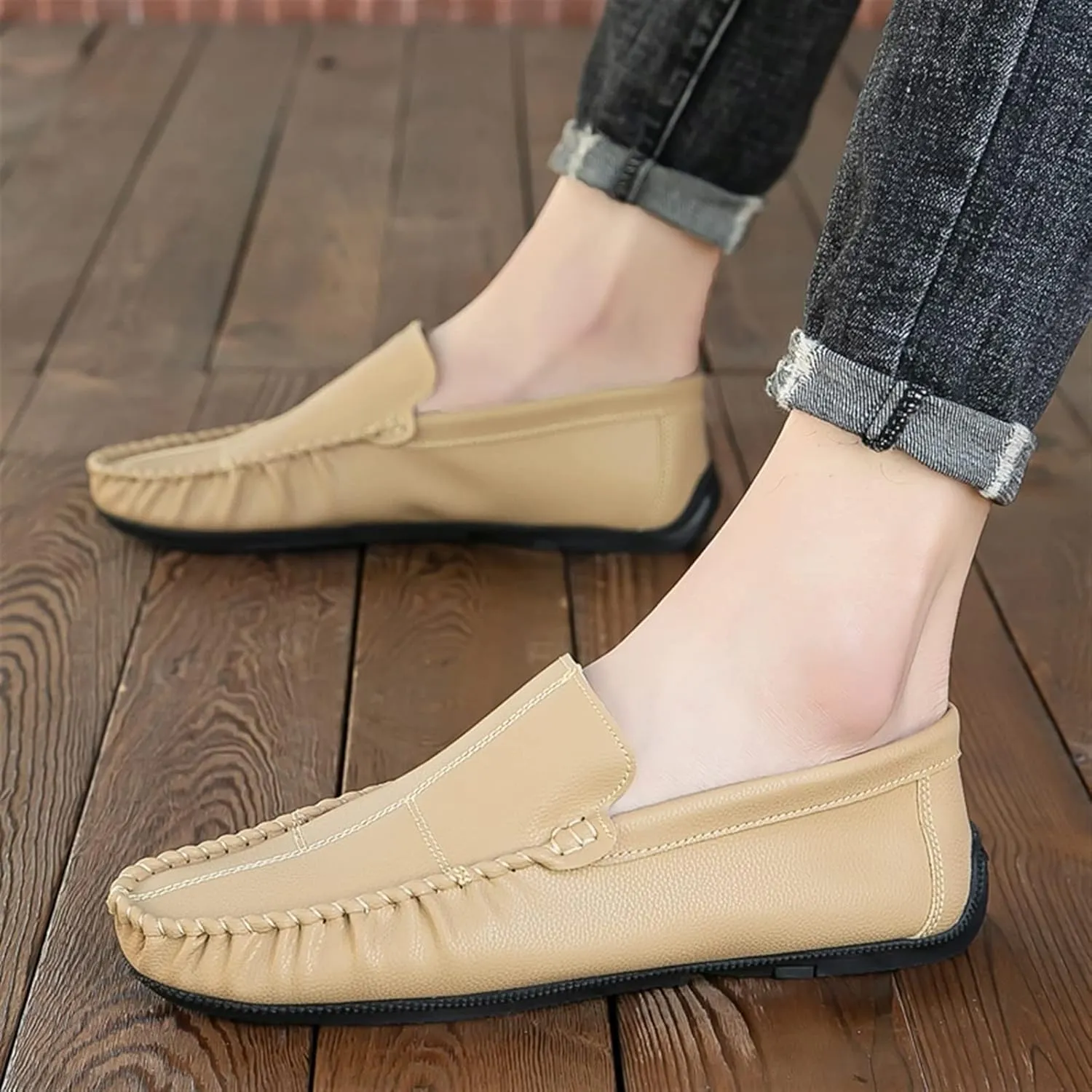 New Men's Loafers Shoes Stitching Details Slip On Moccasins Shoes Vegan Leather Anti-slip Flat Heel Flexible Classic Slip-on