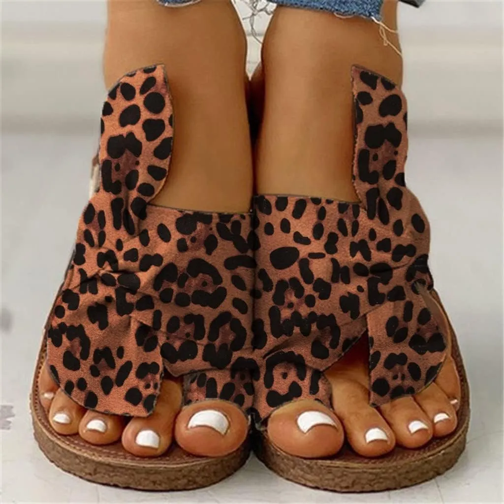 oiangi Sandals Women Dressy Summer Flat Bow Straps Slip on Slipper Leopard Print Slides Lightweight Comfy Outdoor Ladies Beach Travel Shoes Sandalias