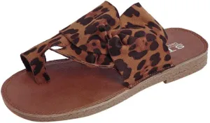 oiangi Sandals Women Dressy Summer Flat Bow Straps Slip on Slipper Leopard Print Slides Lightweight Comfy Outdoor Ladies Beach Travel Shoes Sandalias