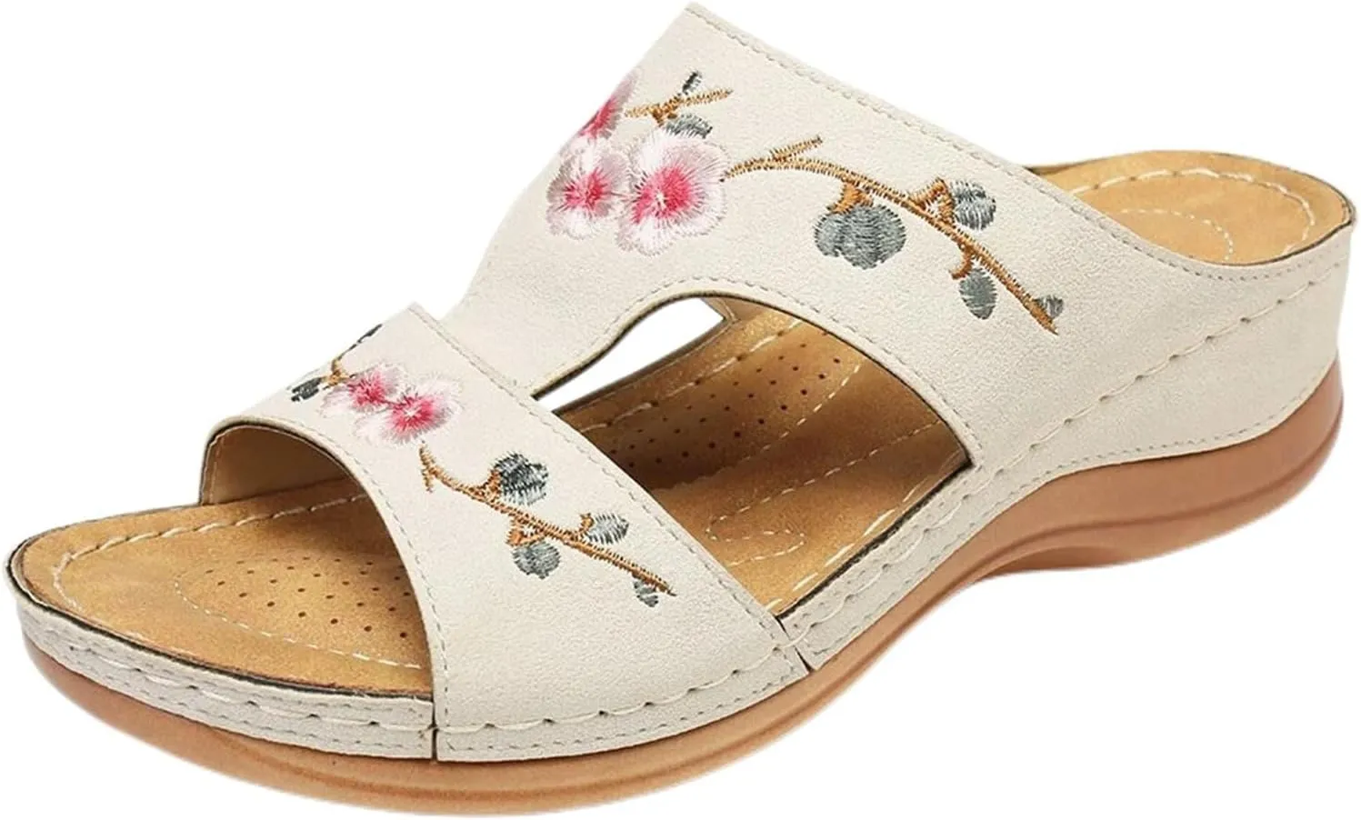 Orthopedic Slippers for Women Embroidery Leather Vamp Non Slip Shoes Wide Width Open Toe Shoes Arch Support Orthotic Slides Slippers Beach Vacation Summer Flat