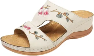 Orthopedic Slippers for Women Embroidery Leather Vamp Non Slip Shoes Wide Width Open Toe Shoes Arch Support Orthotic Slides Slippers Beach Vacation Summer Flat