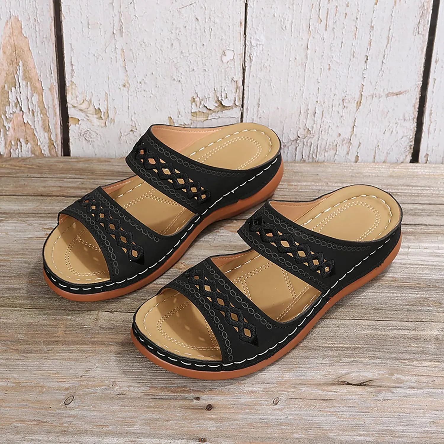 Orthopedic Wedge Sandals for Women Summer Dressy 2025 Flat Open Toe Platform Sandals Casual Boho Slip on Sandals Beach Sandals Dress Shoes Comfortable Outdoor Shoes (1-Black, 6)