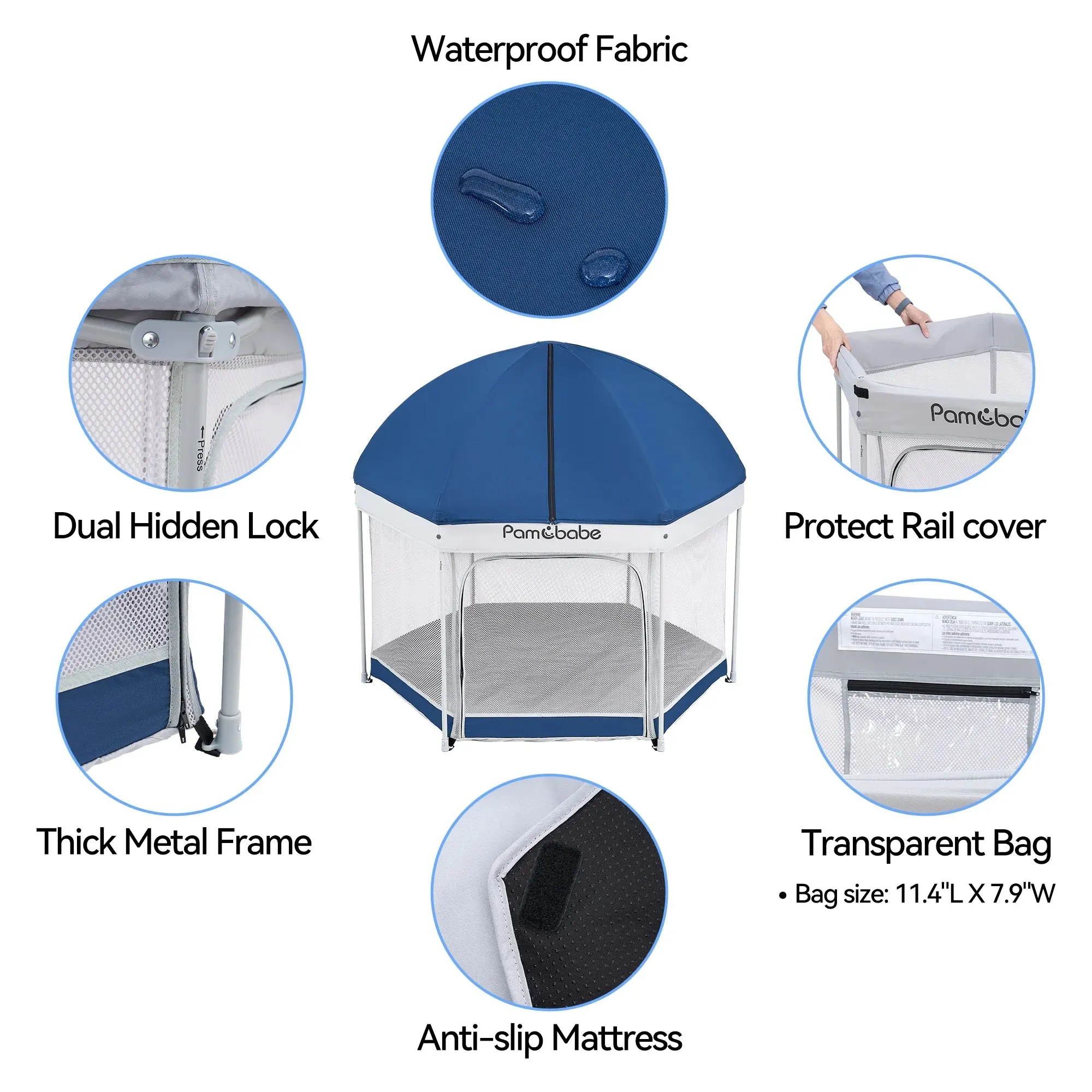 Pamo Babe Unisex Premium Indoor and Outdoor Baby Playpen - Portable, Lightweight, Toddler Play Yard w/Canopy and Travel Bag - Blue