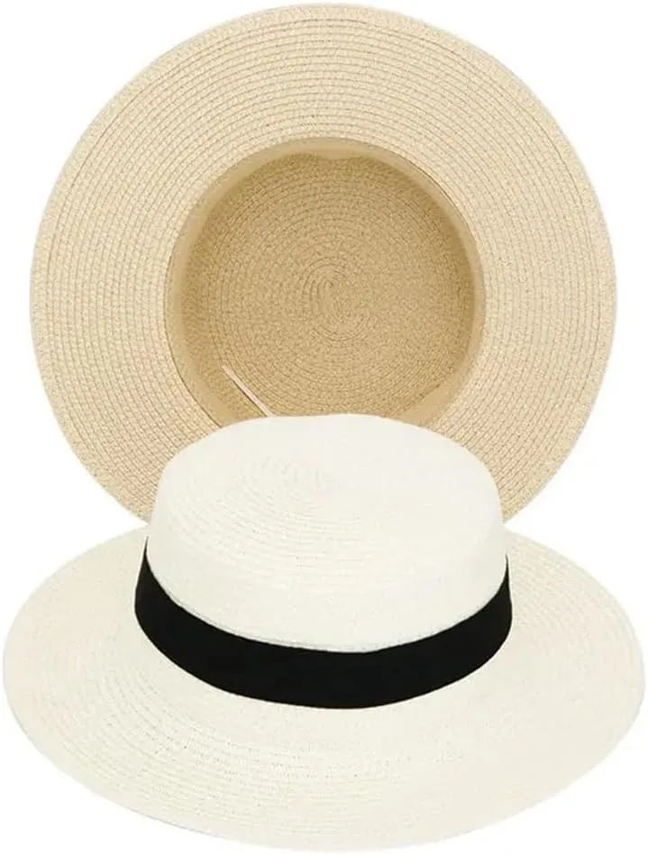Panama Raffia Flat Straw Hat Summer Sun Boater Flat Hats Unisex Travel Sun Hat Big Brim Hat