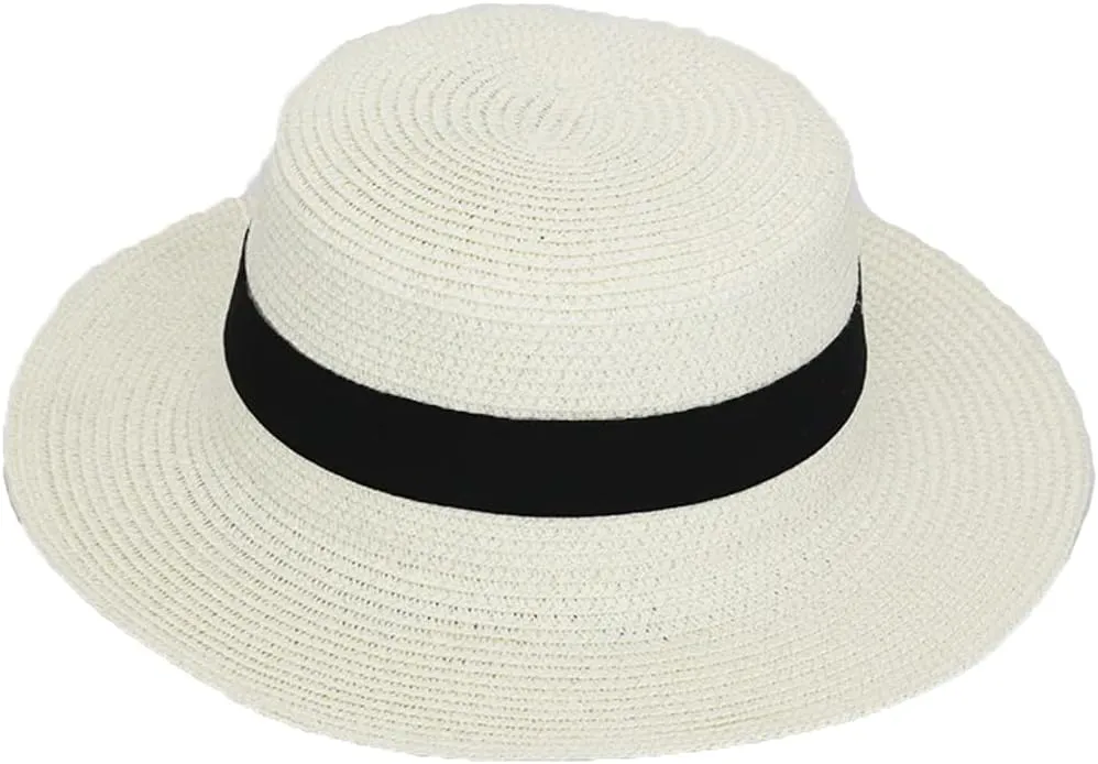Panama Raffia Flat Straw Hat Summer Sun Boater Flat Hats Unisex Travel Sun Hat Big Brim Hat