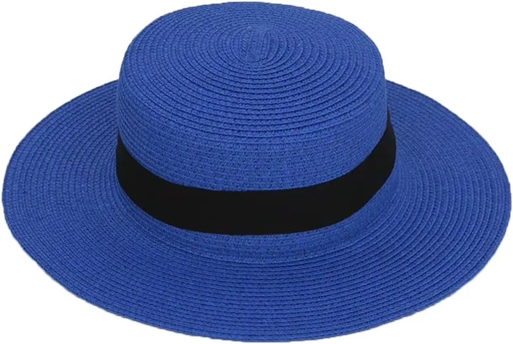 Panama Raffia Flat Straw Hat Summer Sun Boater Flat Hats Unisex Travel Sun Hat Big Brim Hat
