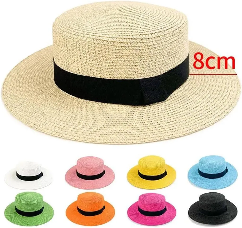 Panama Raffia Flat Straw Hat Summer Sun Boater Flat Hats Unisex Travel Sun Hat Big Brim Hat