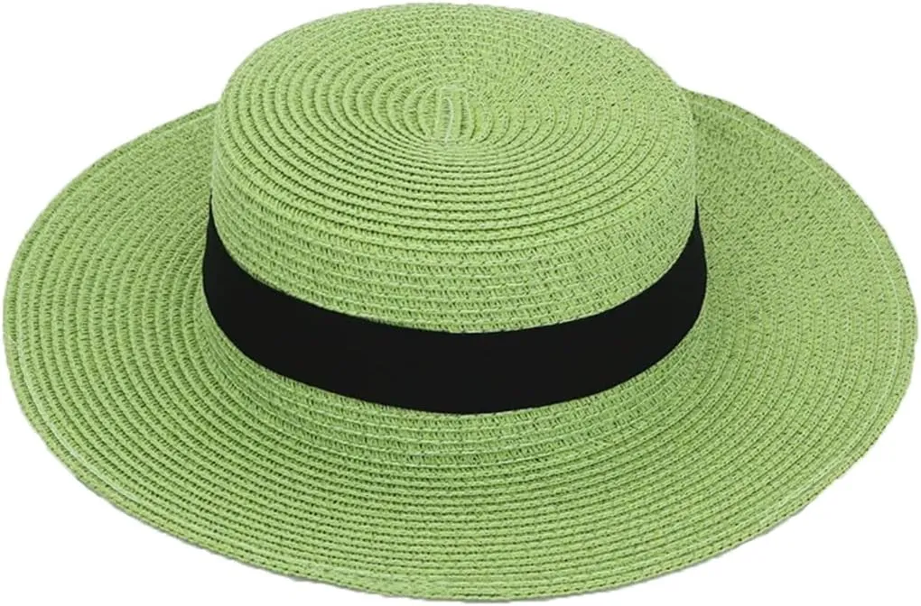 Panama Raffia Flat Straw Hat Summer Sun Boater Flat Hats Unisex Travel Sun Hat Big Brim Hat