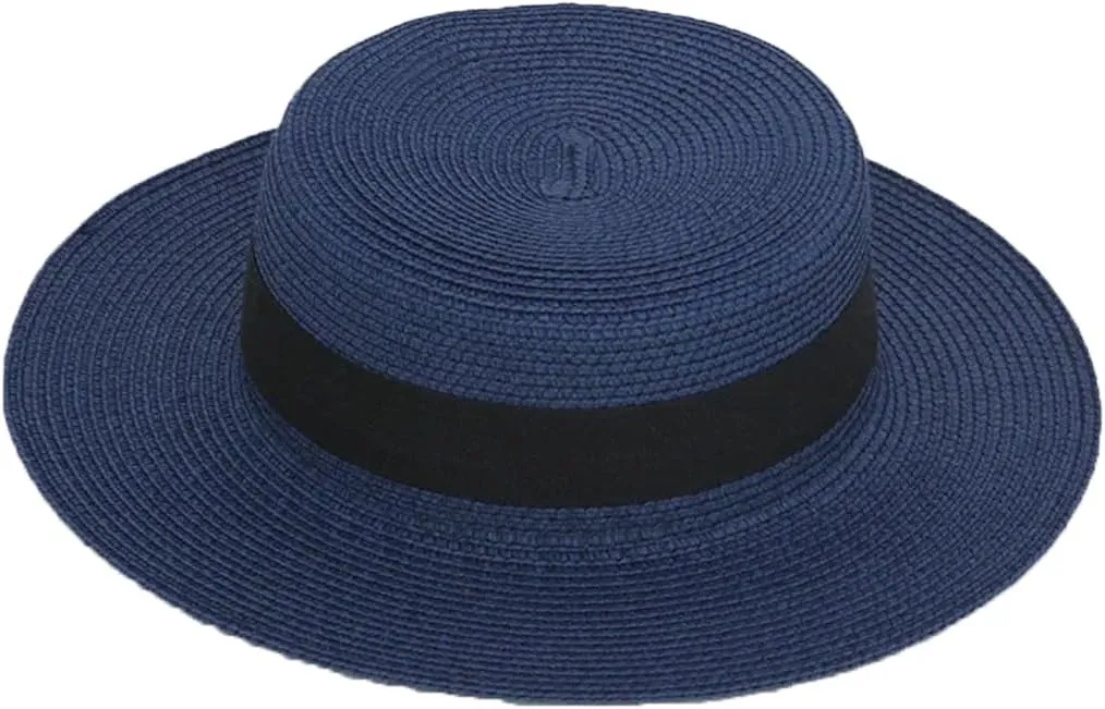 Panama Raffia Flat Straw Hat Summer Sun Boater Flat Hats Unisex Travel Sun Hat Big Brim Hat