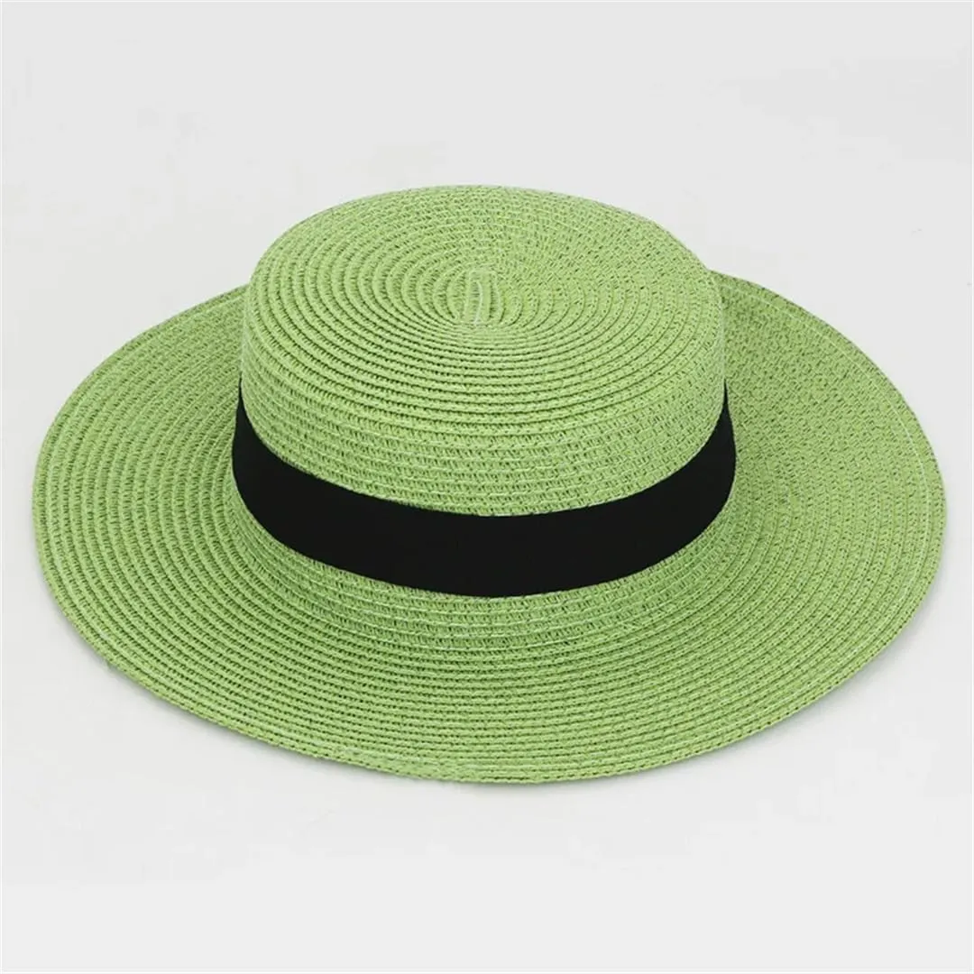 Panama Raffia Flat Straw Hat Summer Sun Boater Flat Hats Unisex Travel Sun Hat Big Brim Hat
