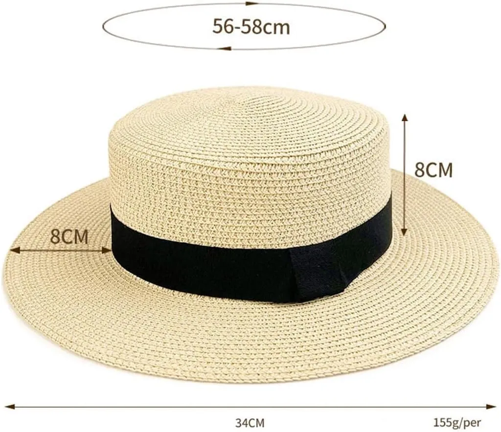 Panama Raffia Flat Straw Hat Summer Sun Boater Flat Hats Unisex Travel Sun Hat Big Brim Hat