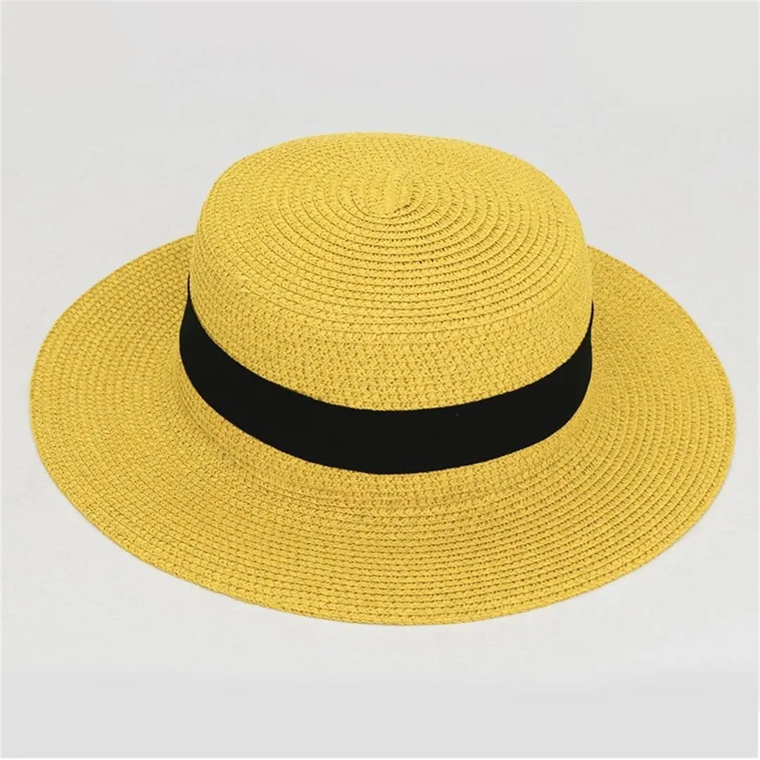 Panama Raffia Flat Straw Hat Summer Sun Boater Flat Hats Unisex Travel Sun Hat Big Brim Hat