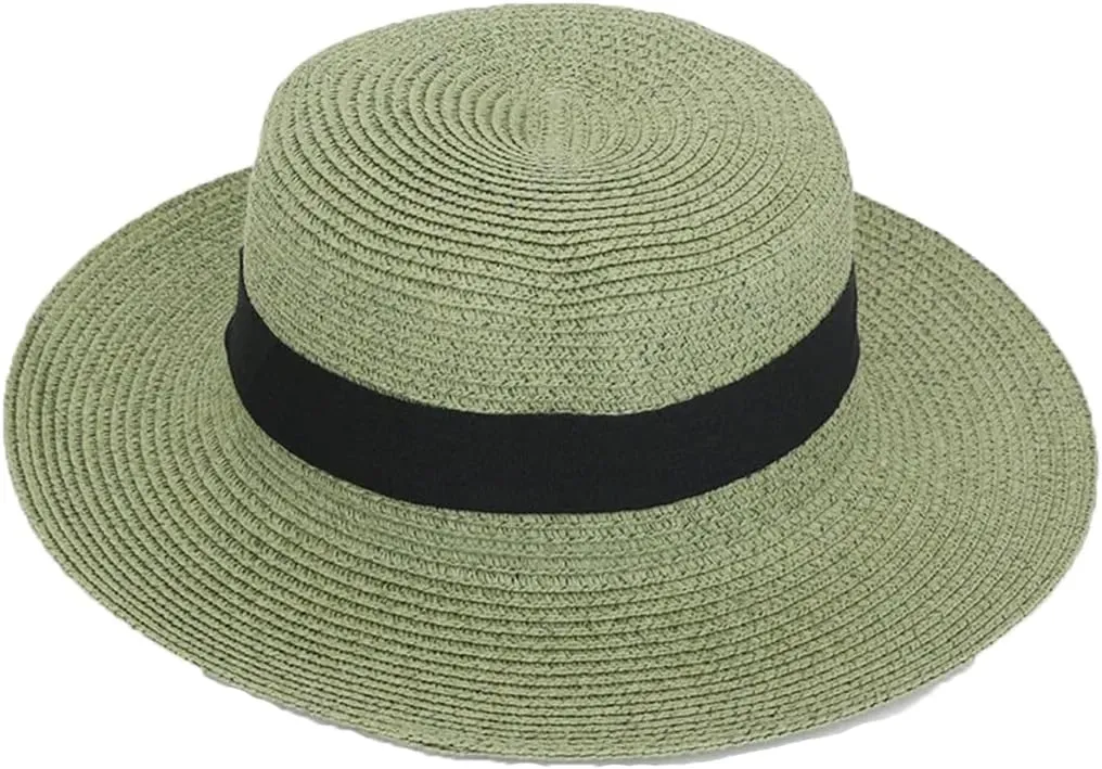 Panama Raffia Flat Straw Hat Summer Sun Boater Flat Hats Unisex Travel Sun Hat Big Brim Hat
