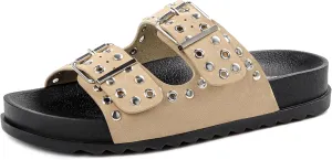 Platform Sandals WomenWomens Sandals-Studded Silde Sandals-Double Buckle Adjustable-Beach Sandals for Women-Flat Sandals Summer Vacation