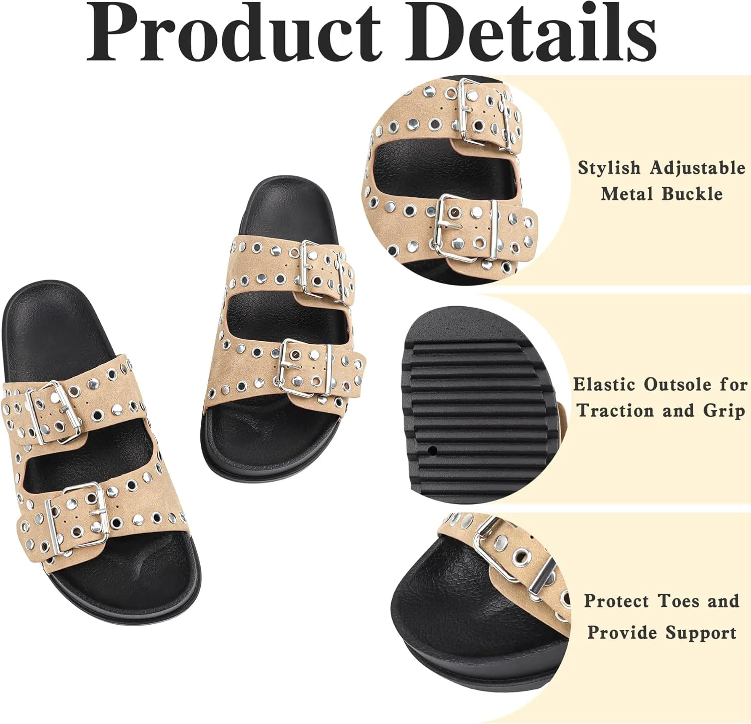 Platform Sandals WomenWomens Sandals-Studded Silde Sandals-Double Buckle Adjustable-Beach Sandals for Women-Flat Sandals Summer Vacation