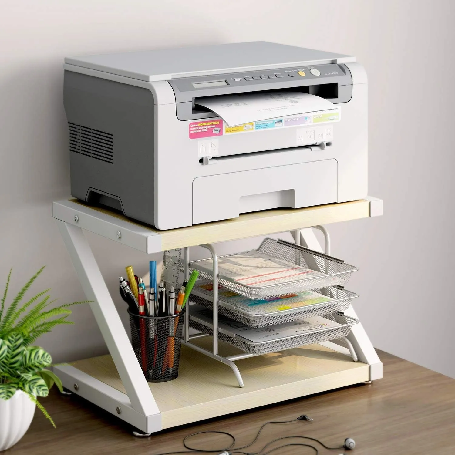 Printer Stand with 2-Tier Wood Storage Shelves – Multi-Purpose Desktop Organizer