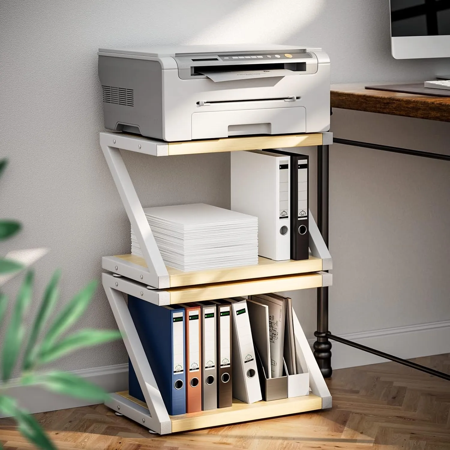 Printer Stand with 2-Tier Wood Storage Shelves – Multi-Purpose Desktop Organizer