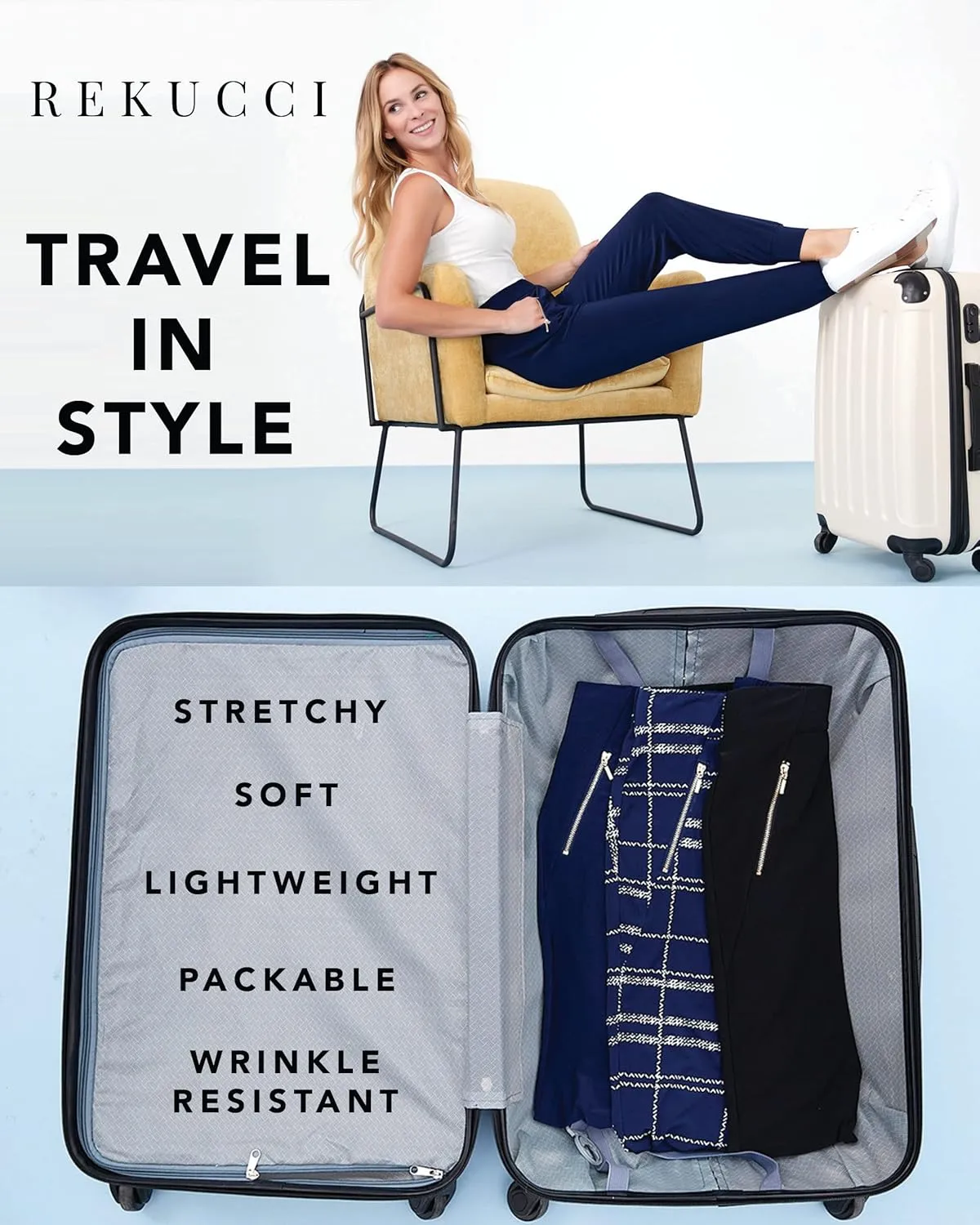 Rekucci Travel in Style - Women's Soft Chic Pant with Zipper Pockets