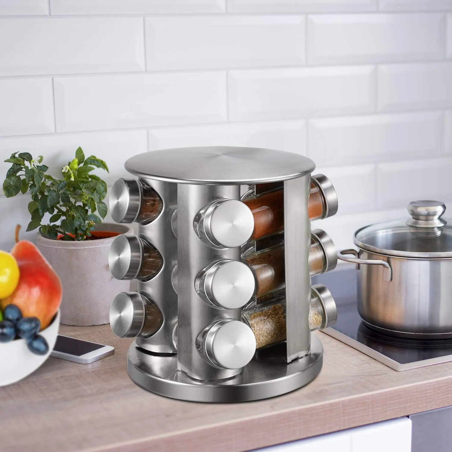 Revolving 12-Jar Countertop Spice Rack Stainless Steel