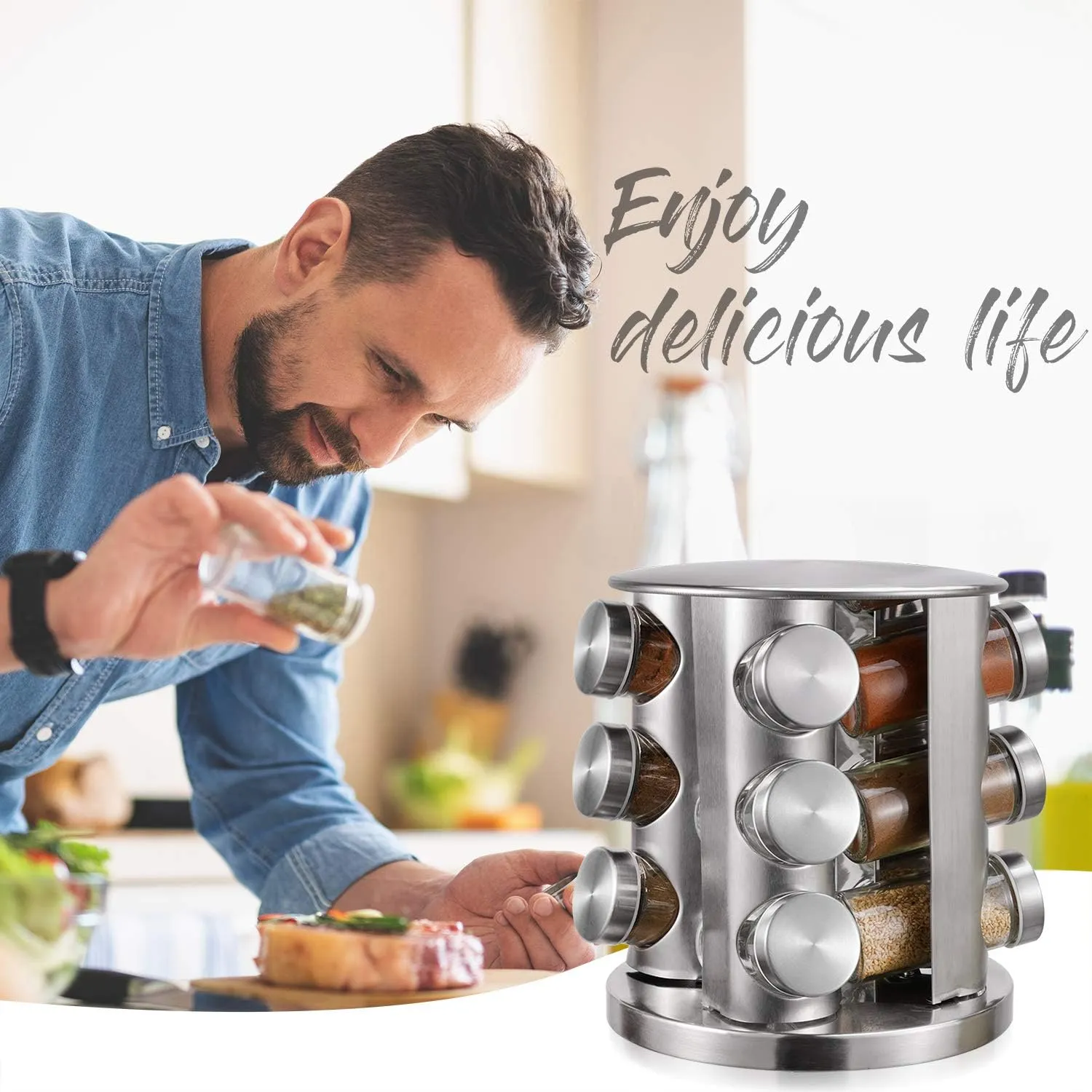 Revolving 12-Jar Countertop Spice Rack Stainless Steel