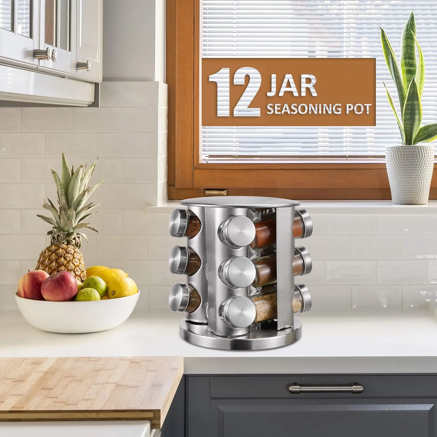 Revolving 12-Jar Countertop Spice Rack Stainless Steel